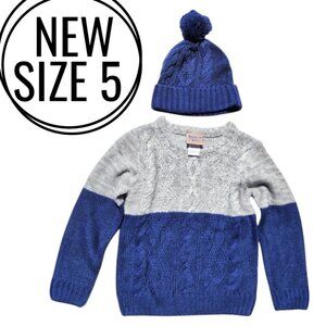 NEW Toddler Boy's Size 5 Sweater Hat Colorblock Blue Gray New with Tags 2 Pieces